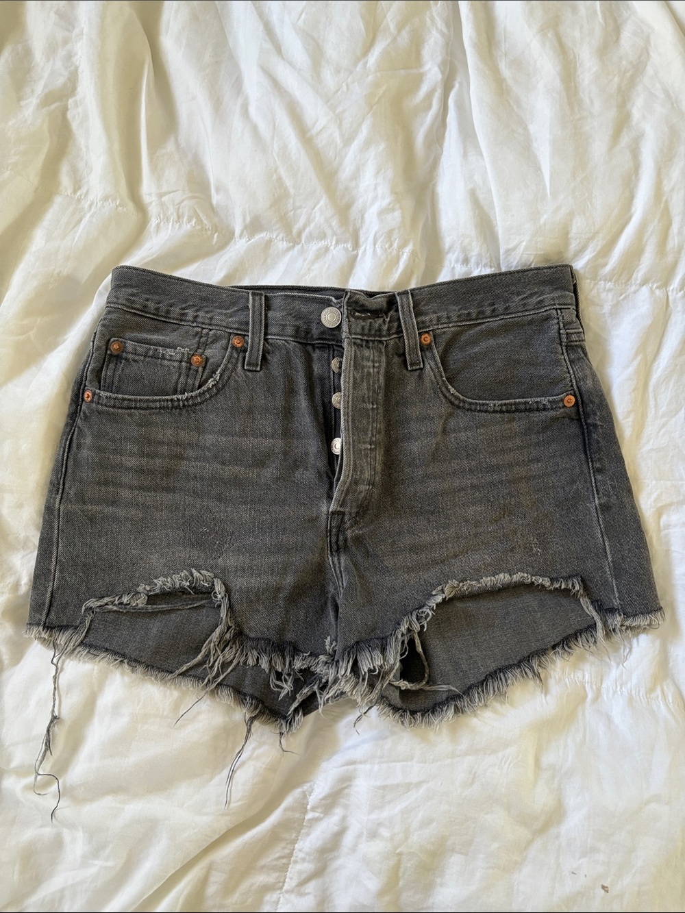 Levi High-Rise Distressed Black Denim Shorts